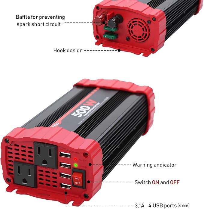 BYGD 500W Power Inverter, Car Charger Adpater DC 12V to AC 110V Car Power - Image 6