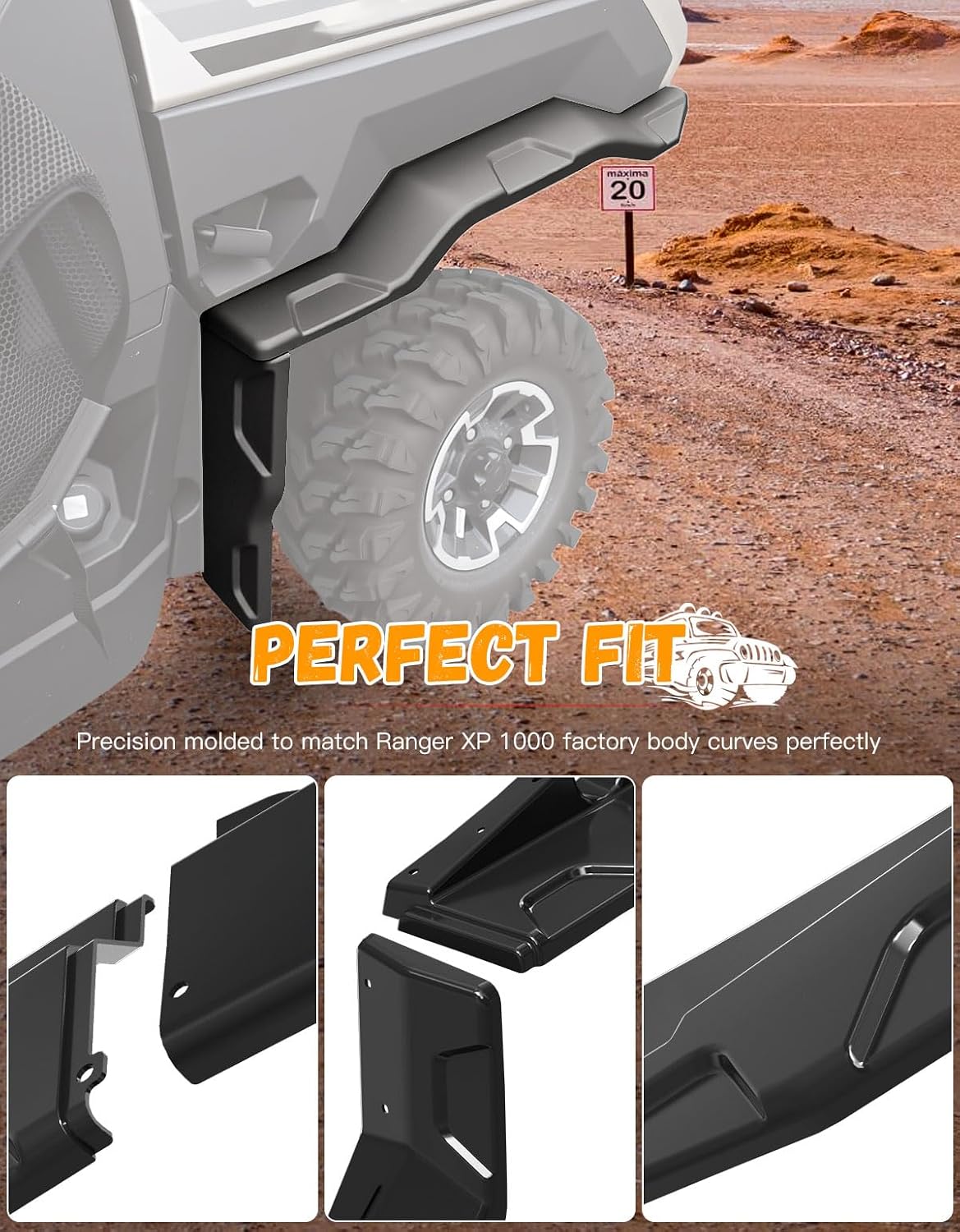 Fender Flare Extensions for Polaris Ranger XP 1000 Crew 2018-2026, Front and Rear UTV Mud Flaps, Heavy Duty Extended Mud Guards, Black HDPE, 8PCS
