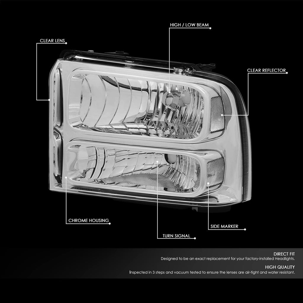 DNA MOTORING Headlamps Headlight Assembly Compatible With 05-07 Ford F250-350 F450 F550SD, Chrome/Clear, HL-OH-FSD05-CH-CL1
