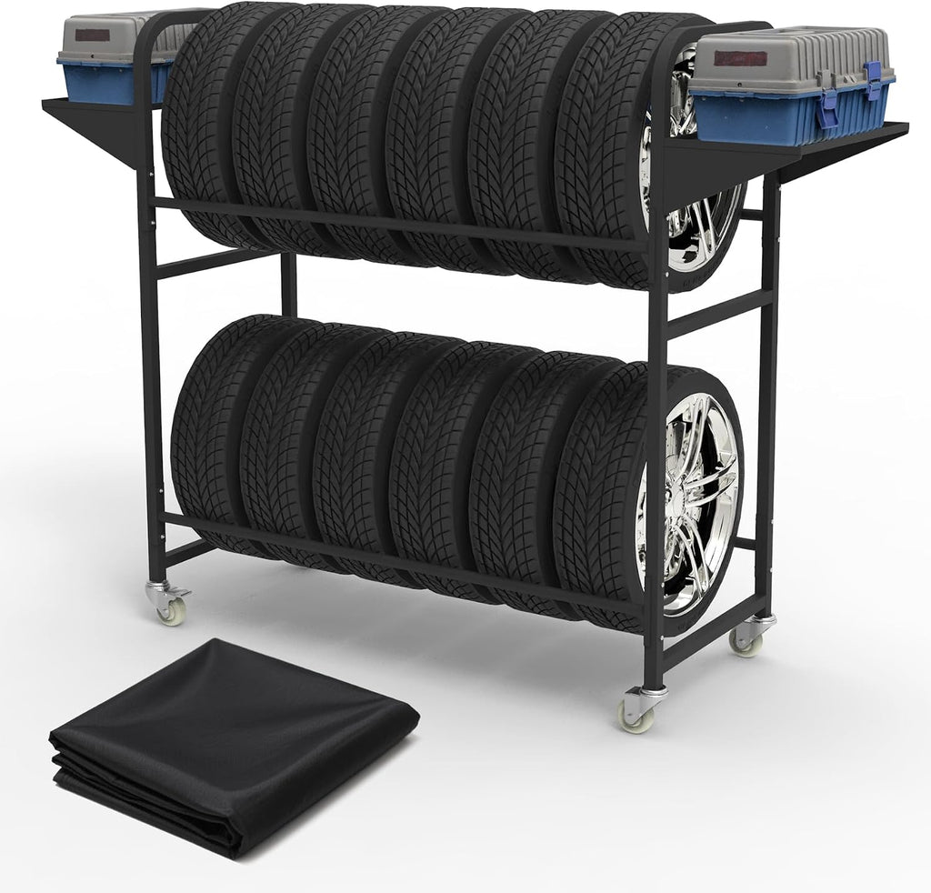 Tire Storage Rack 57" x 55.1" x 20" w/Anti-dust Cover, Adjustable Rolling Tire