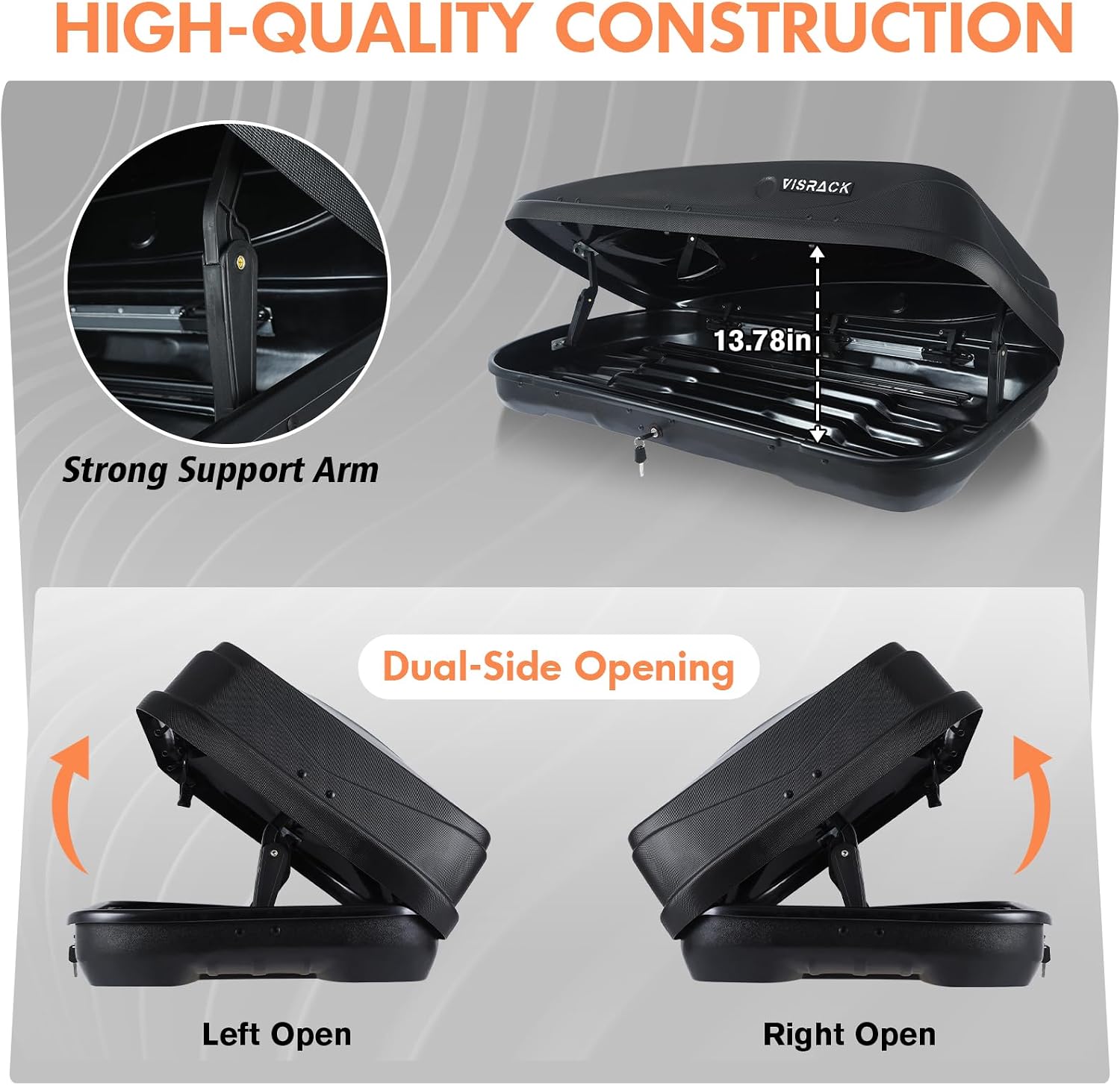 Rooftop Cargo Box, 13 Cubic Ft, for Family Travel and Road Trips, Black | 3D Diamond Embossing Weather-Resistant Hard-Shell Roof Box with Security Locks 130 LBS Capacity 56" L x 30" W x 13.7" H