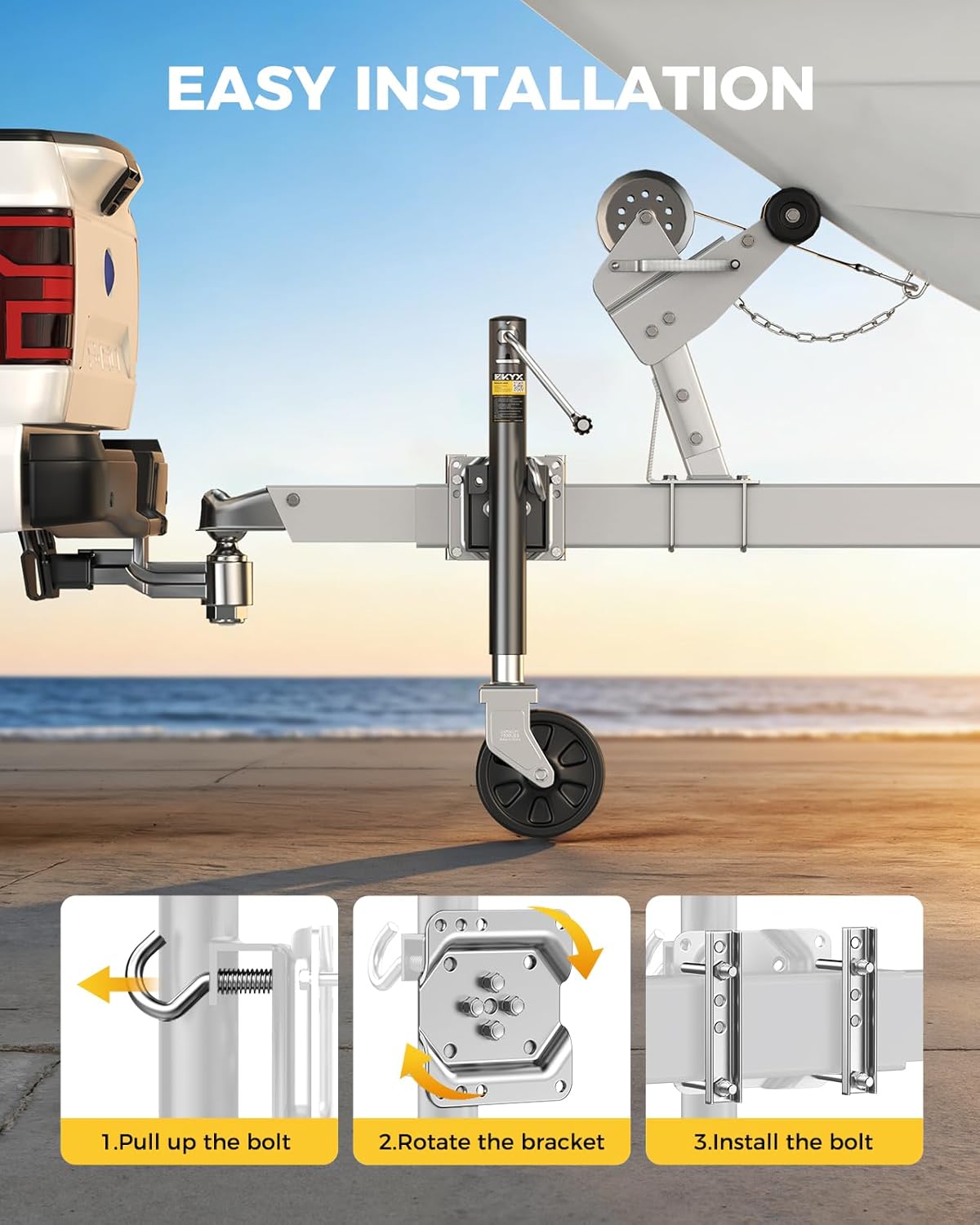 KYX Boat Trailer Jack, 1500 lbs Trailer Jack with 8 Inch Single Wheel, 10.6" Vertical Lift, Heavy Duty Swivel Tongue Jack for RV, Boat, Horse & Utility Trailers