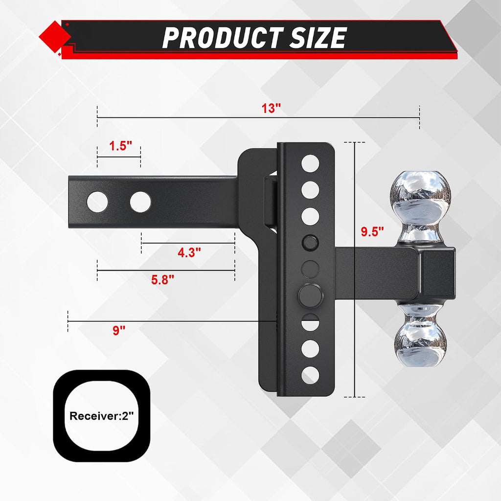TYT Adjustable Truck Trailer Hitch for 2 inch Receiver, 6" Drop/Rise Tow Hitch with Dual Balls (2" & 2-5/16"), Compatible with Heavy-Duty Trailer Systems up to 20,000 lbs, Includes Hitch Tightener