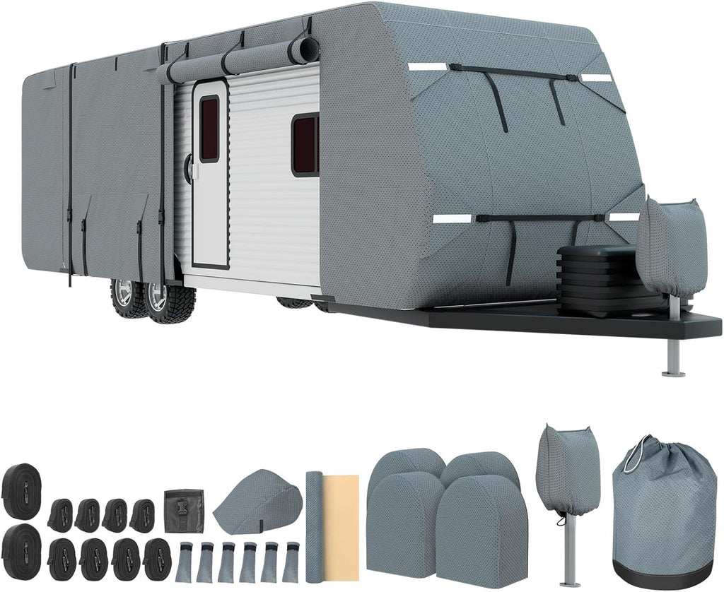 Mofeez Travel Trailer RV Cover, Extra-Thick Upgraded 7 Layers for Camper Cover 24'-27' Windproof Waterproof Rip-Stop RV Covers with Adhesive Repair Patches, 2Pcs Extra Straps & 4 Tire Covers