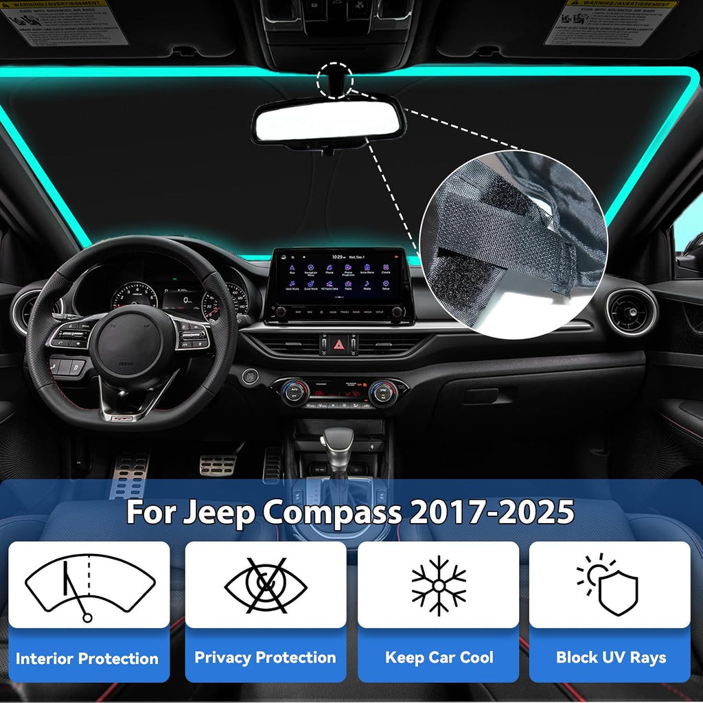 Windshield Sun Shade for Jeep Compass 2017-2025, Car Front Window Sunshade with 240T Sun Visor Protector Blocks UV Rays Heat Sun Shield Accessories