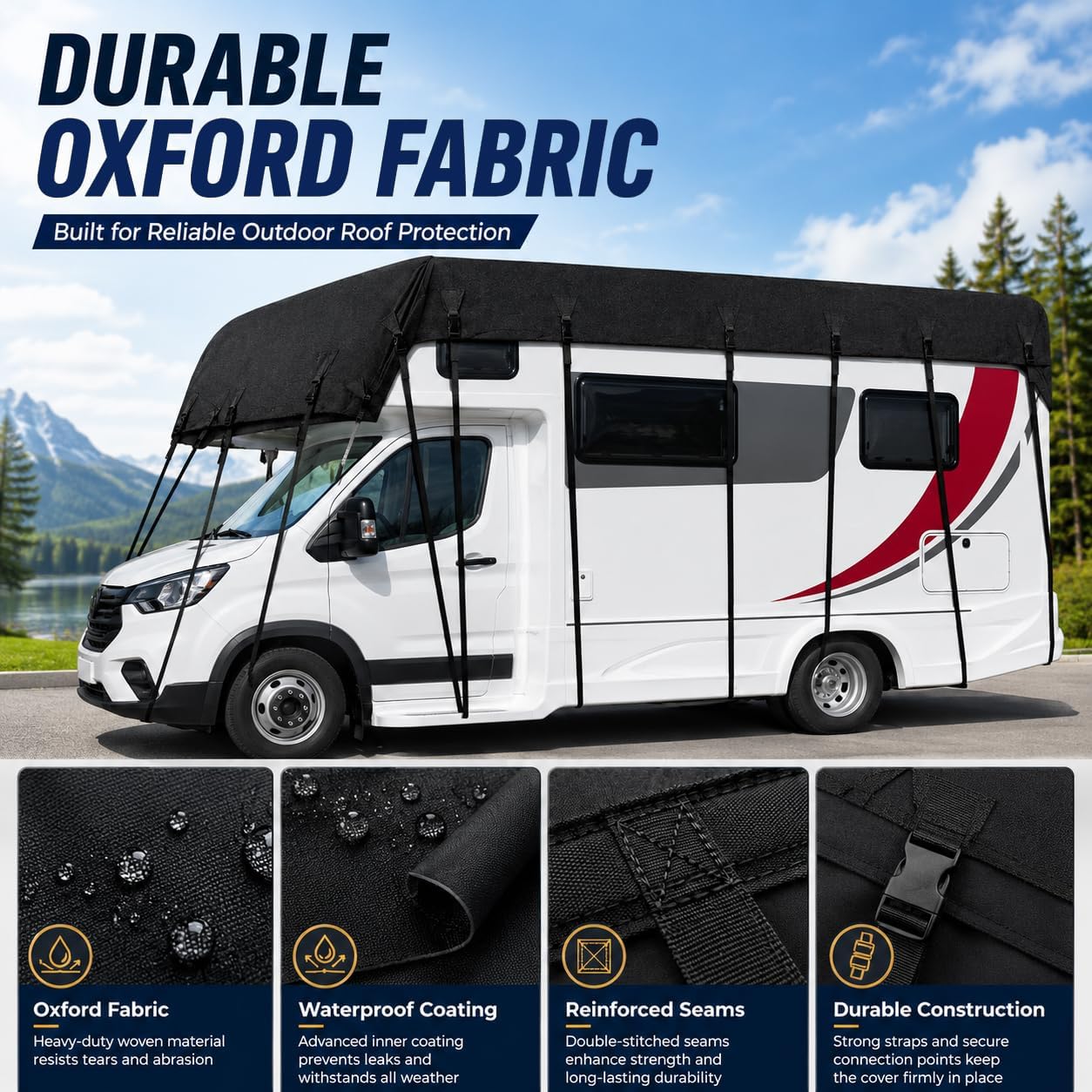 Camper Roof Cover for Itasca Meridian 40U 2008-2015, Water-Resistant RV Top Cover for All Season, Windproof Motorhome Roof Protector with Elastic Straps