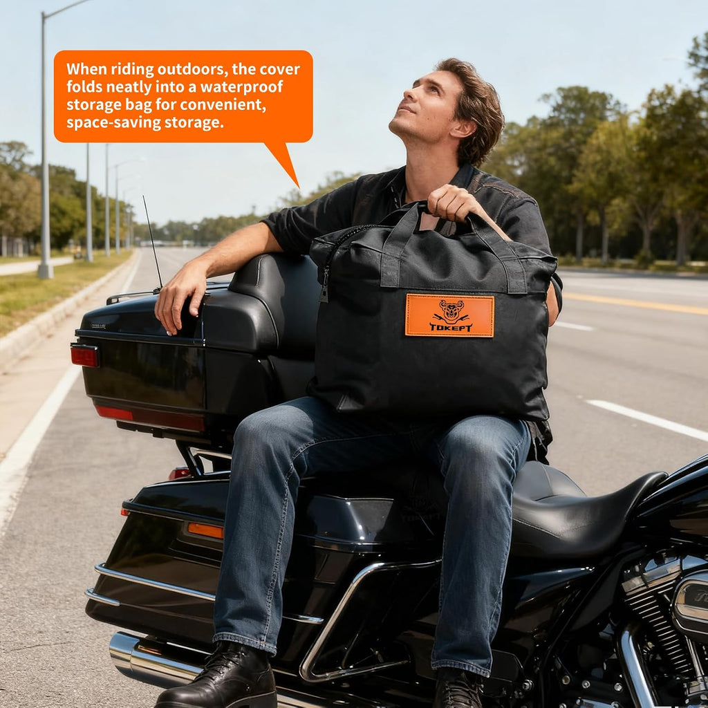 Motorcycle Cover, 110 Inch with Side+Top Box Touring Models Specific Vehicle Cover Storage Suitable for Harley-Davidson Ultra Limited, Road Glide Limited, Gold Wing, Road Master Orange