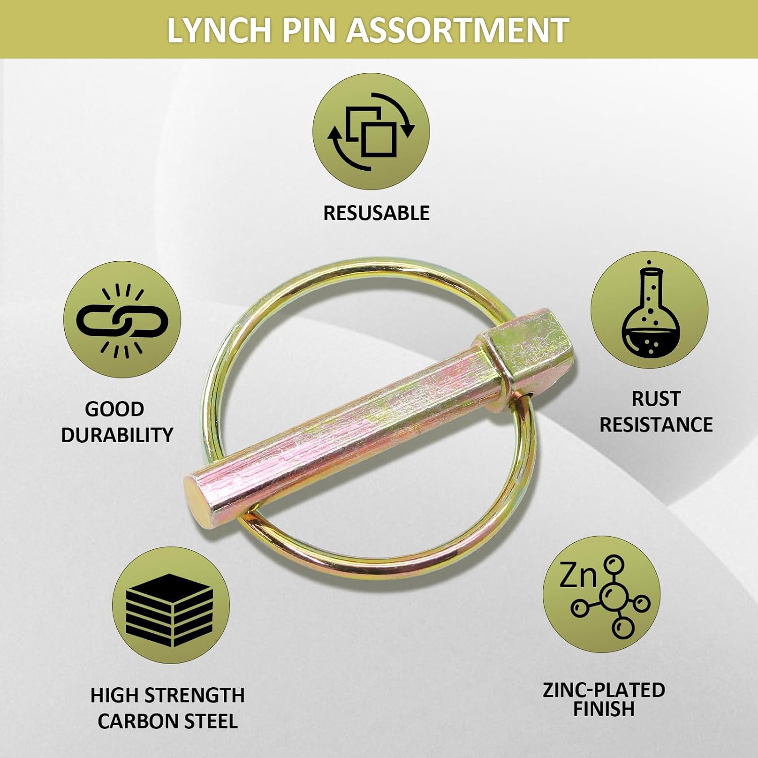 Litoexpe 6 Pcs 1/4 Inch Lynch Pin with Ring, Heavy Duty Round Linch Pins Assortment for Farm Tractors, Trucks, Trailers, Mowers (1/4”x1-3/4”)