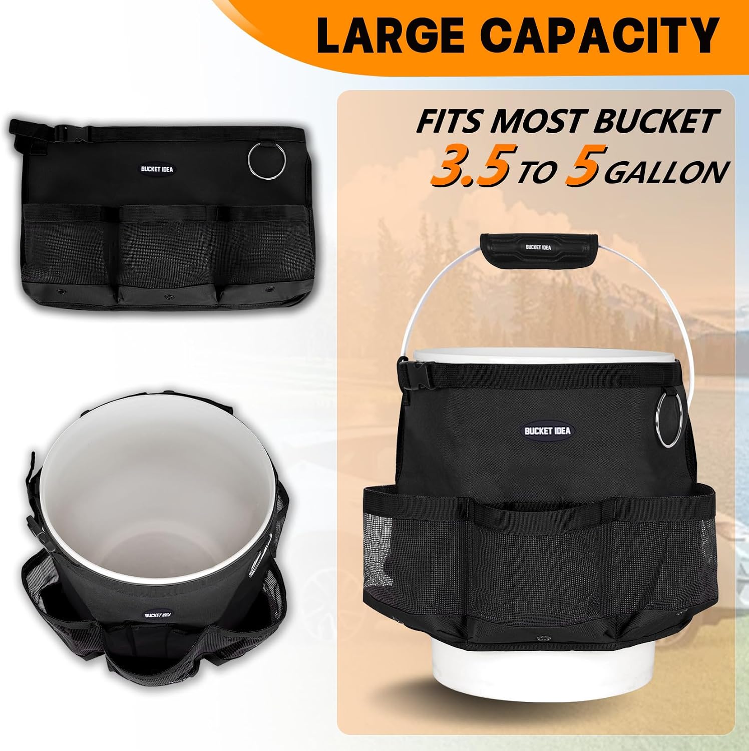 MELOTOUGH Bucket Car Wash Tool Organizer for Garden Cleaning bucket organizer Water-resistant Mesh Pockets for Clean Supplier, Car Wash Supplier Tools Fit 3.5 to 5 Gallon Bucket (Black)