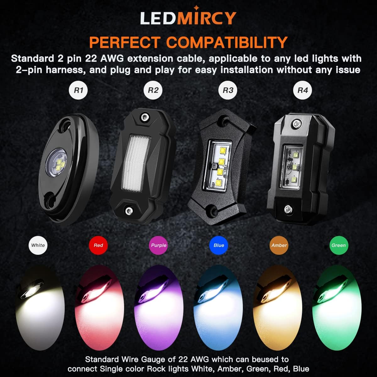 LEDMIRCY LED Rock Lights Extension Cable 2 Pins Wire Connectors 6PCS 5ft 22AWG Female Male Waterproof Extension Cable 11mm Nut Small Size for LED Strip Light Driving Fog Lights(Only for Single Color)