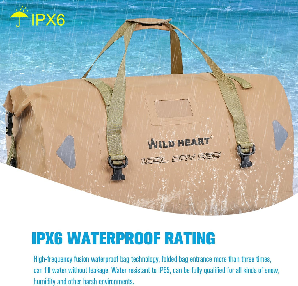 WILD HEART Waterproof Motorcycle Duffel Bag PVC500D Double-bottom With Rope Straps and Inner Pocket 40L 66L 100L for Kayaking, Camping, Boating,Motorcycle