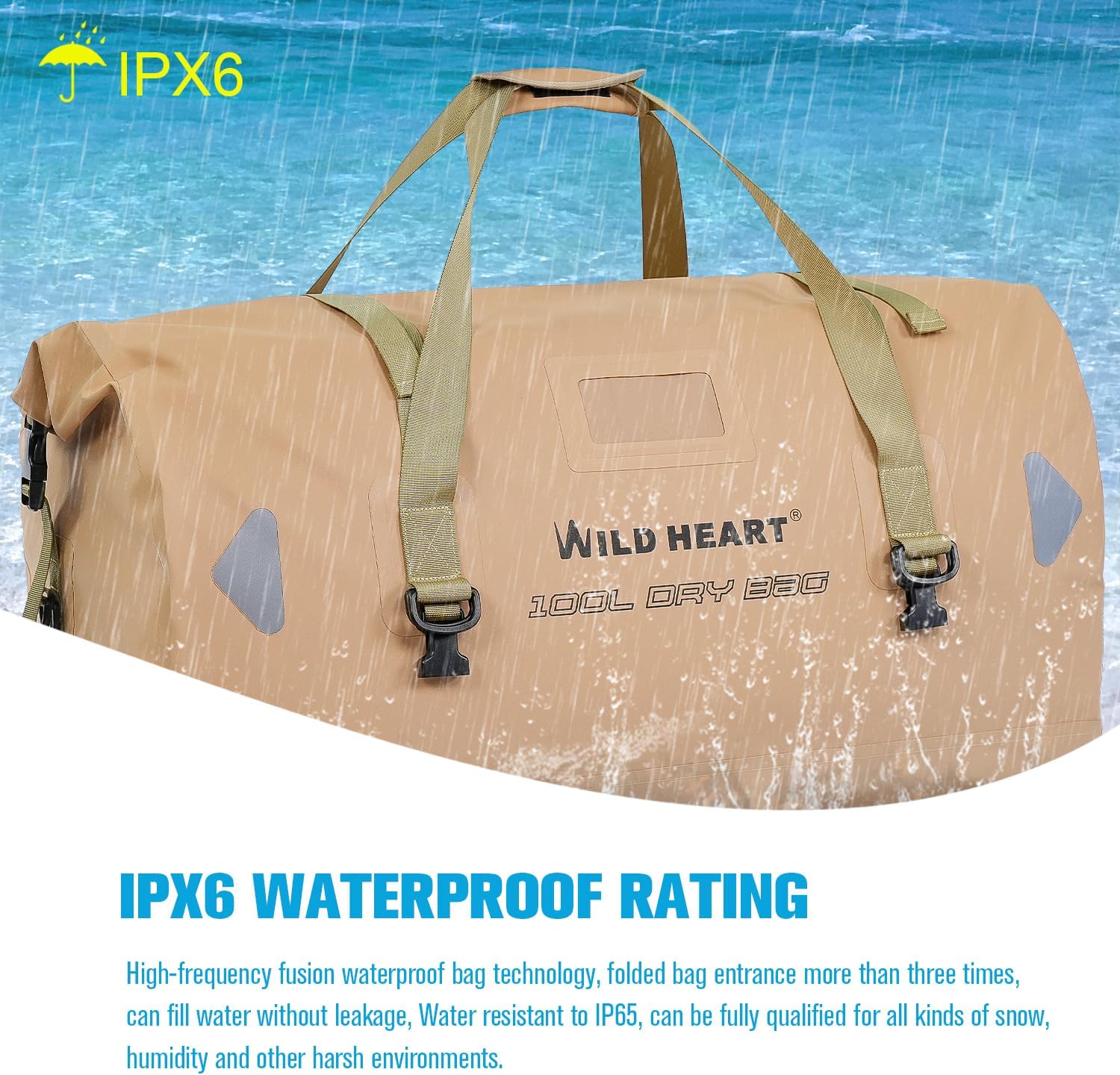 WILD HEART Waterproof Motorcycle Duffel Bag PVC500D Double-bottom With Rope Straps and Inner Pocket 40L 66L 100L for Kayaking, Camping, Boating,Motorcycle