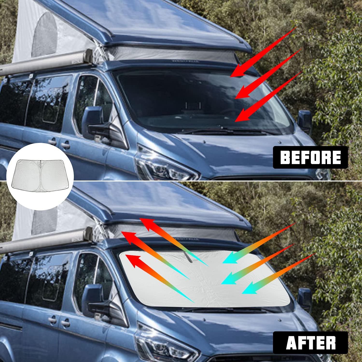 Foldable Windshield Sun Shade for Ford Transit Van 2015-2026 | Custom Fit Transit Van XL, Wagon XL, Wagon XLT Cargo Front Windshield Sunshade Heat Shield Reflector Cover