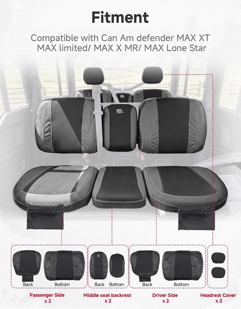 KEMIMOTO Seat Covers Black Compatible with Can Am Defender MAX X MR/XT/Limited/Lone Star- Water-Resistant, 1680D Oxford Fabric, Front Rear Two Doors Split Bench Seat Covers Bolstered Seats Only