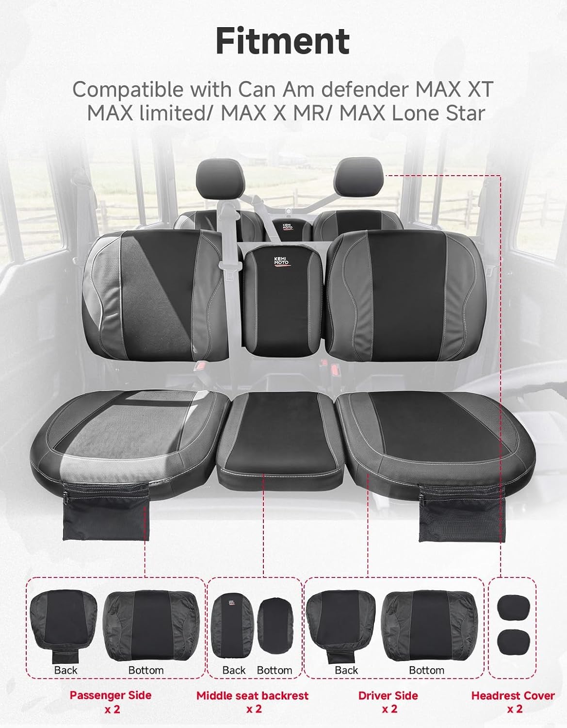 KEMIMOTO Seat Covers Black Compatible with Can Am Defender MAX X MR/XT/Limited/Lone Star- Water-Resistant, 1680D Oxford Fabric, Front Rear Two Doors Split Bench Seat Covers Bolstered Seats Only