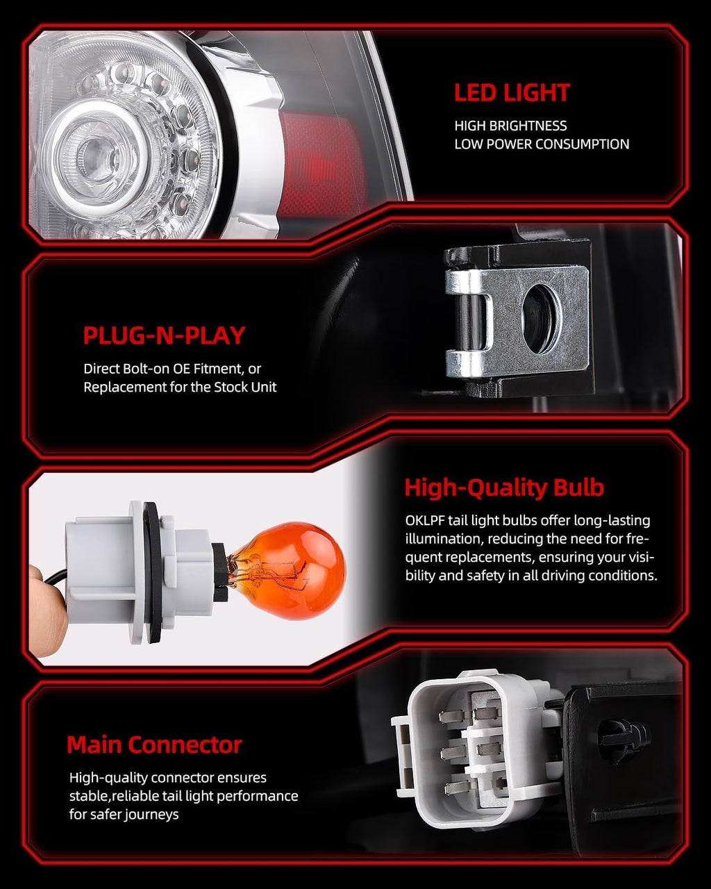 OKLPF LED Tail Light Compatible With 2005 2006 2007 2008 2009 2010 2011 2012 2013 2014 2015 Toyota Tacoma Pickup,Replace Rear Brake Smoked Taillight Assembly with Bulb and Harness,Black Housing