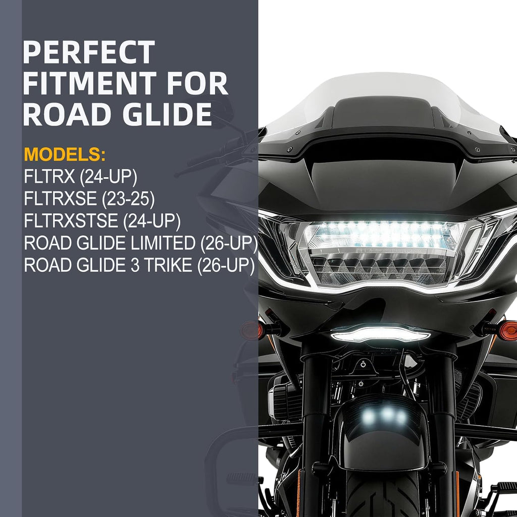 Road Glide Lower Front Fairing LED Running Light Switchback White Amber Turn Signal Accent Lamp for Harley Road Glide FLTRX CVO ST Limited 2024-2026 Clear Lens Plastic(Black)