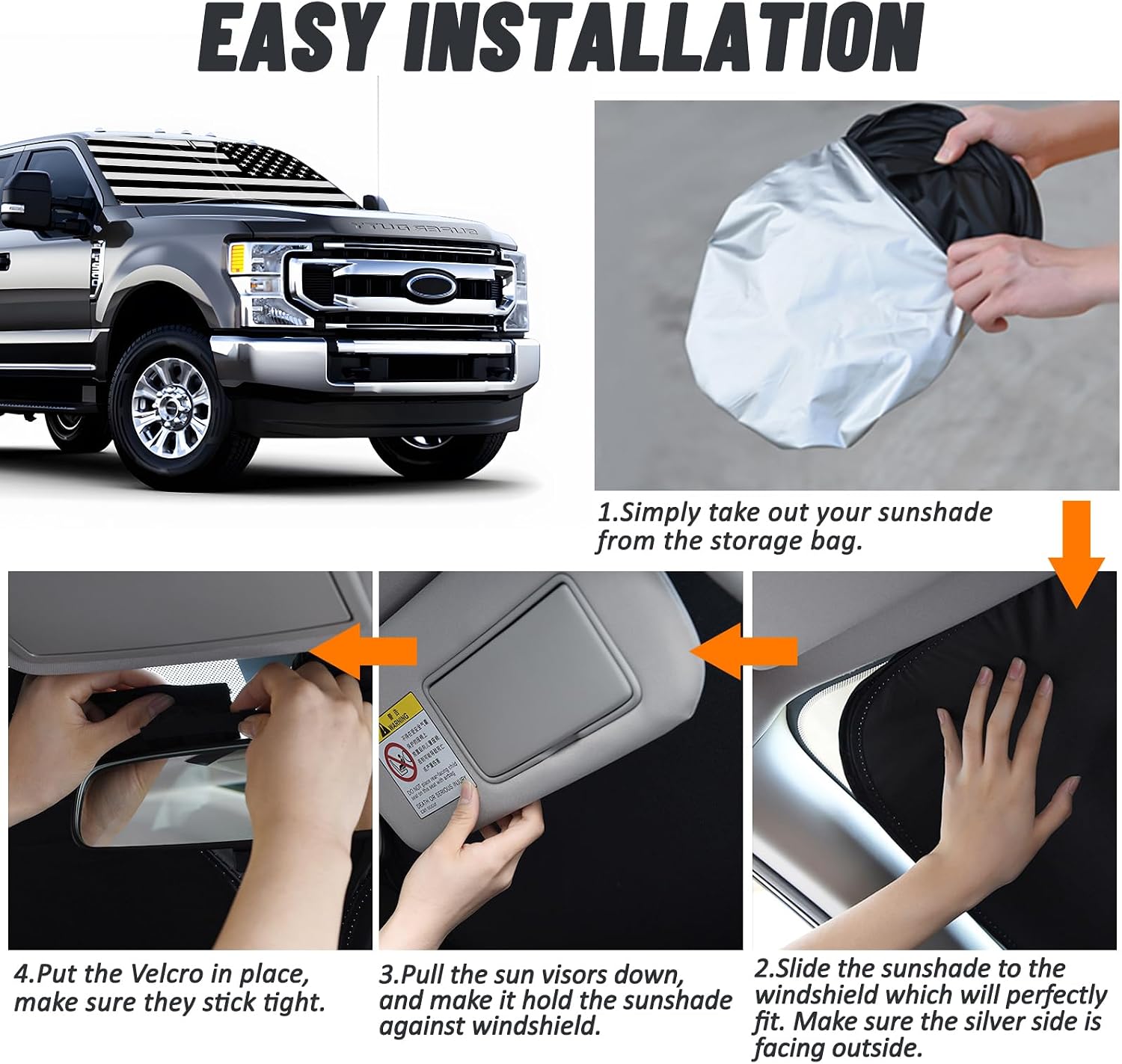 D-Lumina Windshield Sun Shade for 2017-2022 Fo-rd F250 F350 F450 F550 Super Duty 2/4 Door, Front Window Sunshade American Flag Sun Visor Protector Block UV Rays Heat, Foldable 2 Layers 210T Material