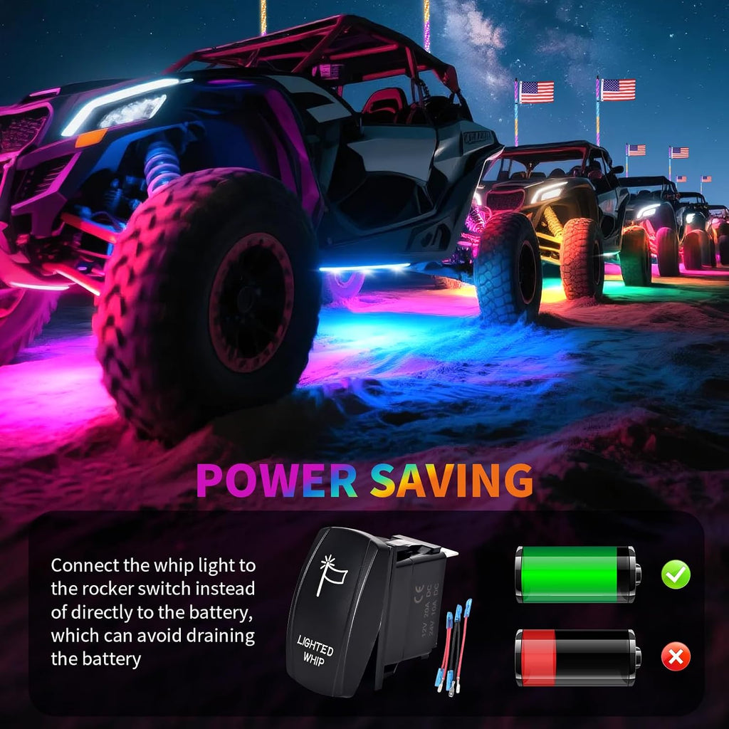2PCS 4FT LED Whip Light and 6 Pods Rock Light Kit with Spring Base, Spiral RGB Chase and Music Lights Whips with Rocker Switch, App & Remote Control, for UTV ATV RZR SXS Can-Am Polaris