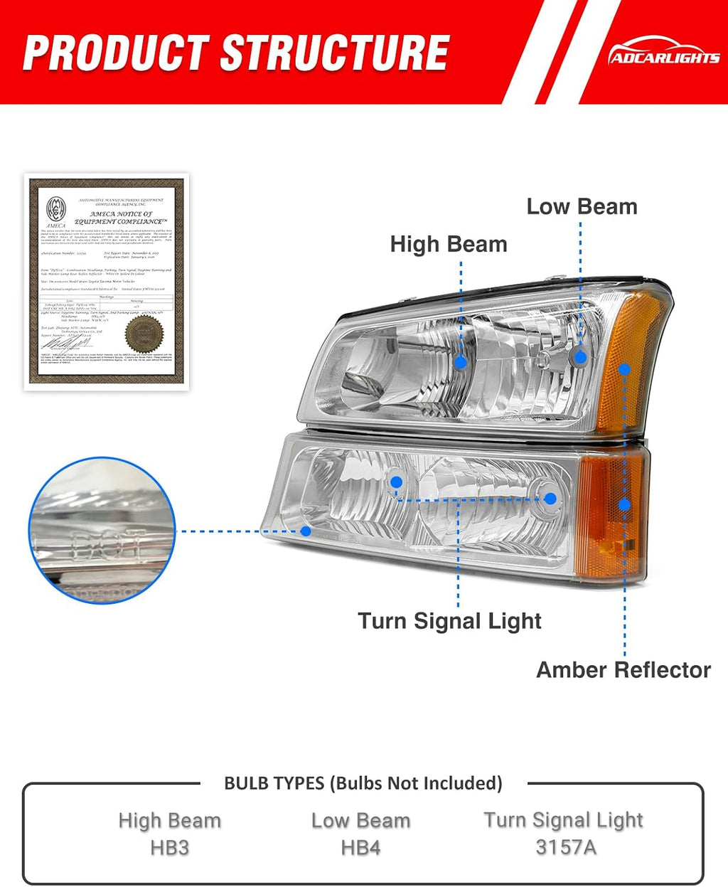 Compatible with 03 04 05 06 Chevy Silverado Avalanche 1500/2500/3500 Chrome Housing Headlight Assembly for 2003-2006 Silverado Headlamps Amber Left+Right(Fit NON-Body Cladding Models)