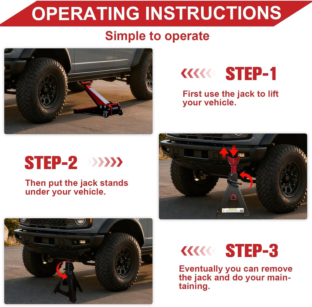 3 Ton Jack Stands (6,600 lbs) - Heavy Duty Car Jack Stand with Double Pin Locking, Adjustable 11.22"-16.54" Height, Extra Rubber Pads for Trucks, Garage, Home,DIY Use - 1 Pair Black+Red