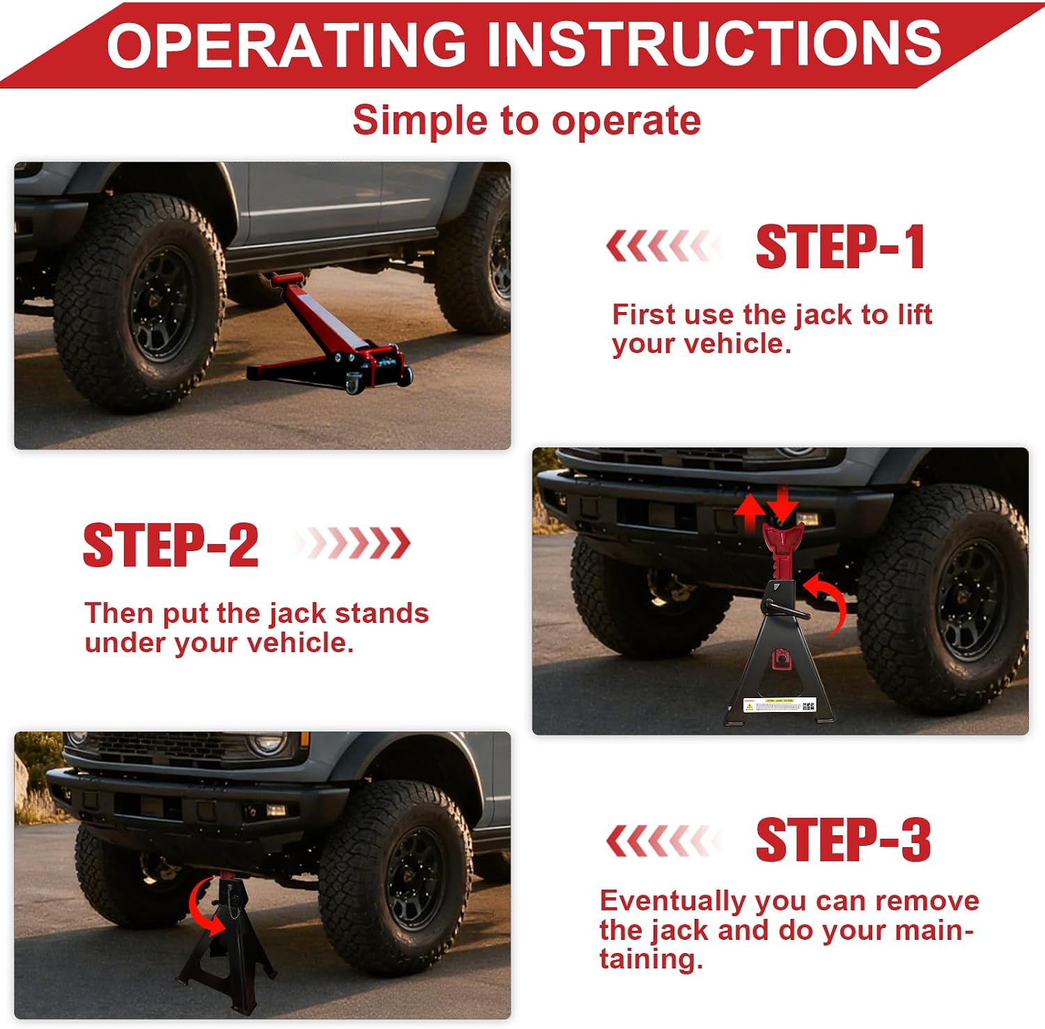 3 Ton Jack Stands (6,600 lbs) - Heavy Duty Car Jack Stand with Double Pin Locking, Adjustable 11.22"-16.54" Height, Extra Rubber Pads for Trucks, Garage, Home,DIY Use - 1 Pair Black+Red