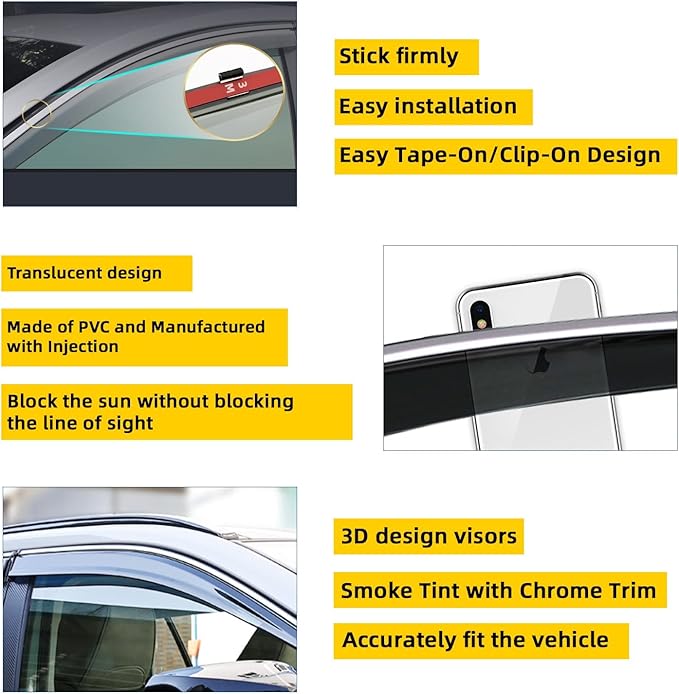 4pcs Smoke Tint With Chrome Trim Outside Mount Tape On/Clip On Style PVC Sun - Image 3