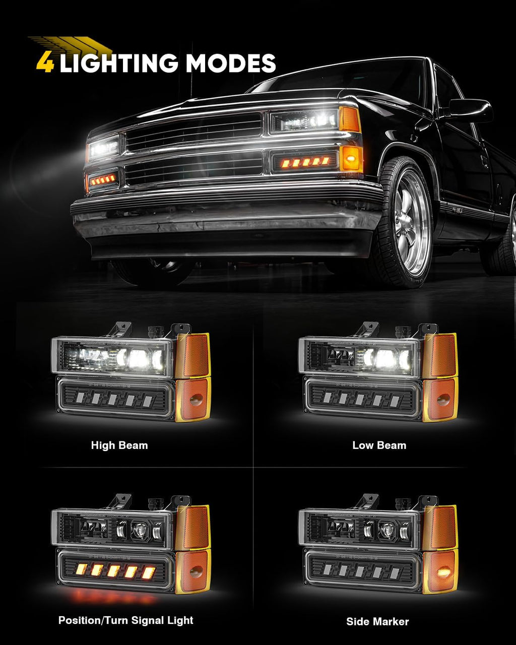 LED Headlights OEM Replacement Compatible with 1994-1999 Chevy Silverado C/K 1500 2500 3500 Tahoe Suburban C10, OBS Composite Headlights with Hi/Low Beam Turn Signal Bumper Corner Light Black Pair
