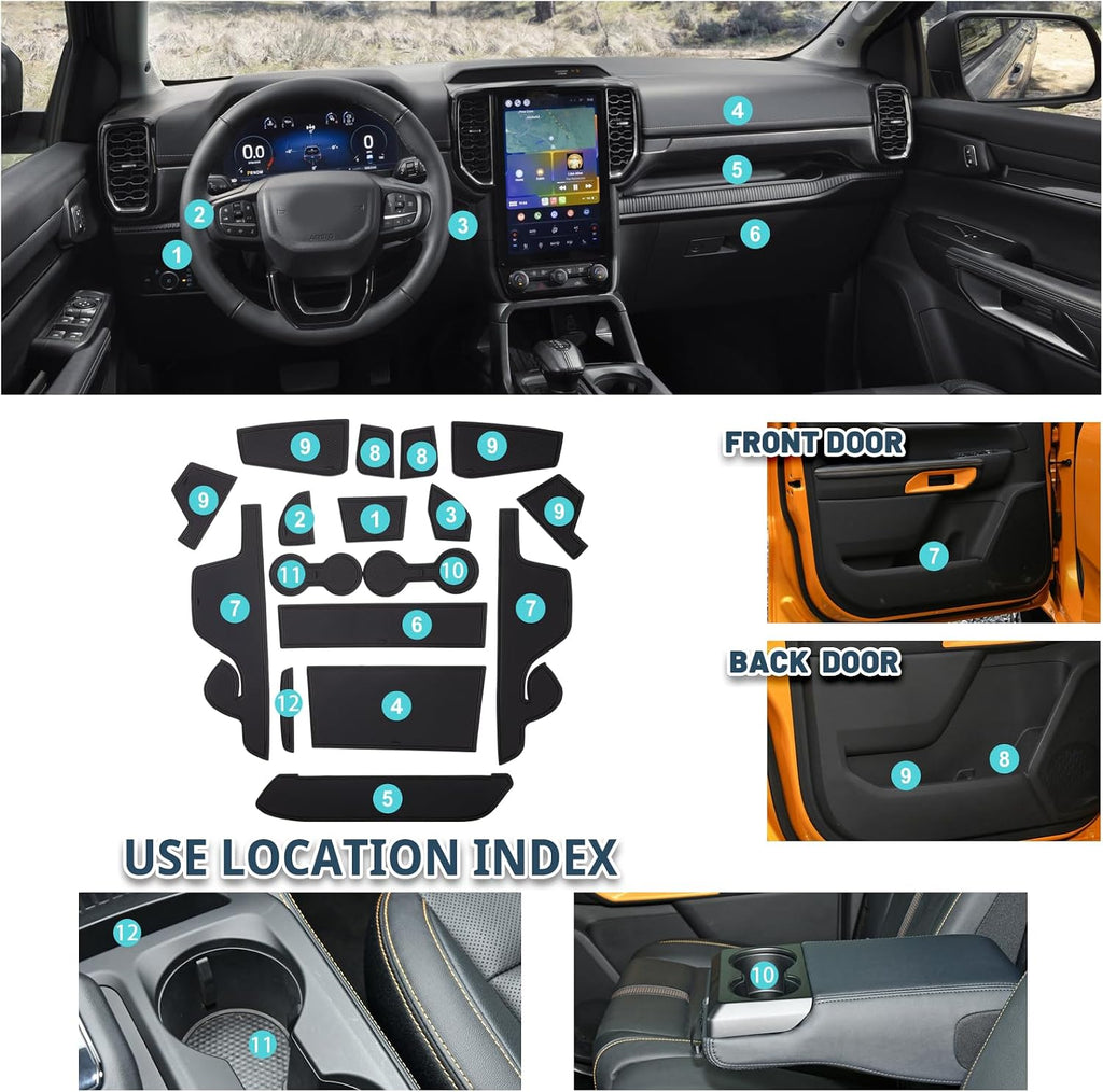 2024-2026 Ranger Door Slot Mats for 2026 Ford Ranger Accessories Anti-Slip Groove Interior Mats Compatible with 2024 2025 2026 Ford Ranger XL/XLT/Lariat/Raptor(17PCS/Sets)