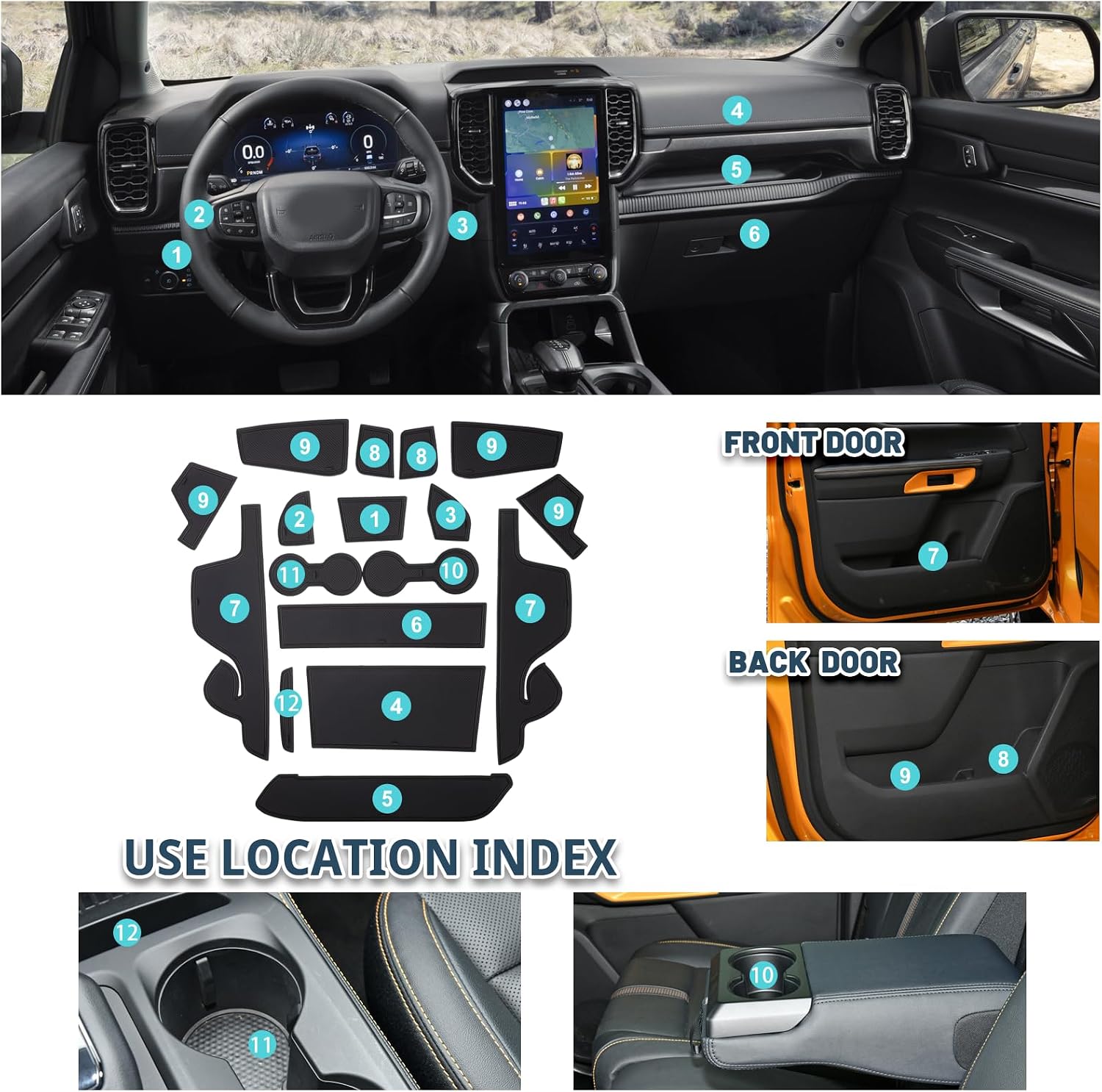 2024-2026 Ranger Door Slot Mats for 2026 Ford Ranger Accessories Anti-Slip Groove Interior Mats Compatible with 2024 2025 2026 Ford Ranger XL/XLT/Lariat/Raptor(17PCS/Sets)