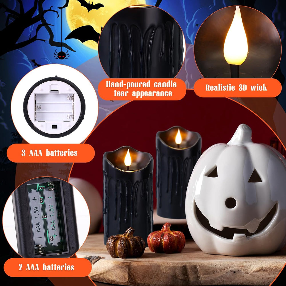 2 Pack Halloween Black Flameless Pillar Candles with Remote, 3 x 6 Inch