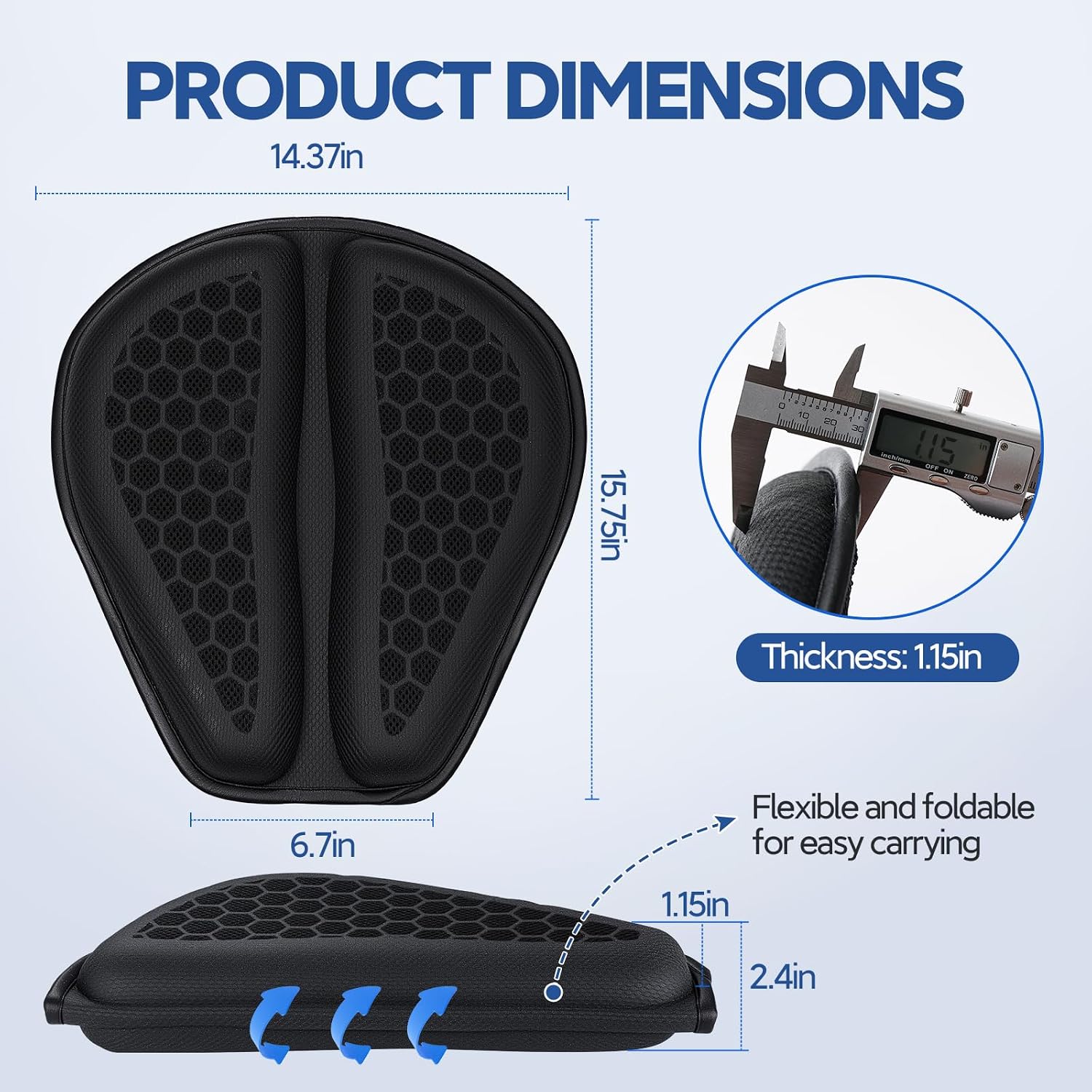 Motorcycle Gel Seat Cushion Large 3DHoneycomb Structure Shock Absorption Foldable & Breathable Motorcycle Gel Seat Pad for Long Rides
