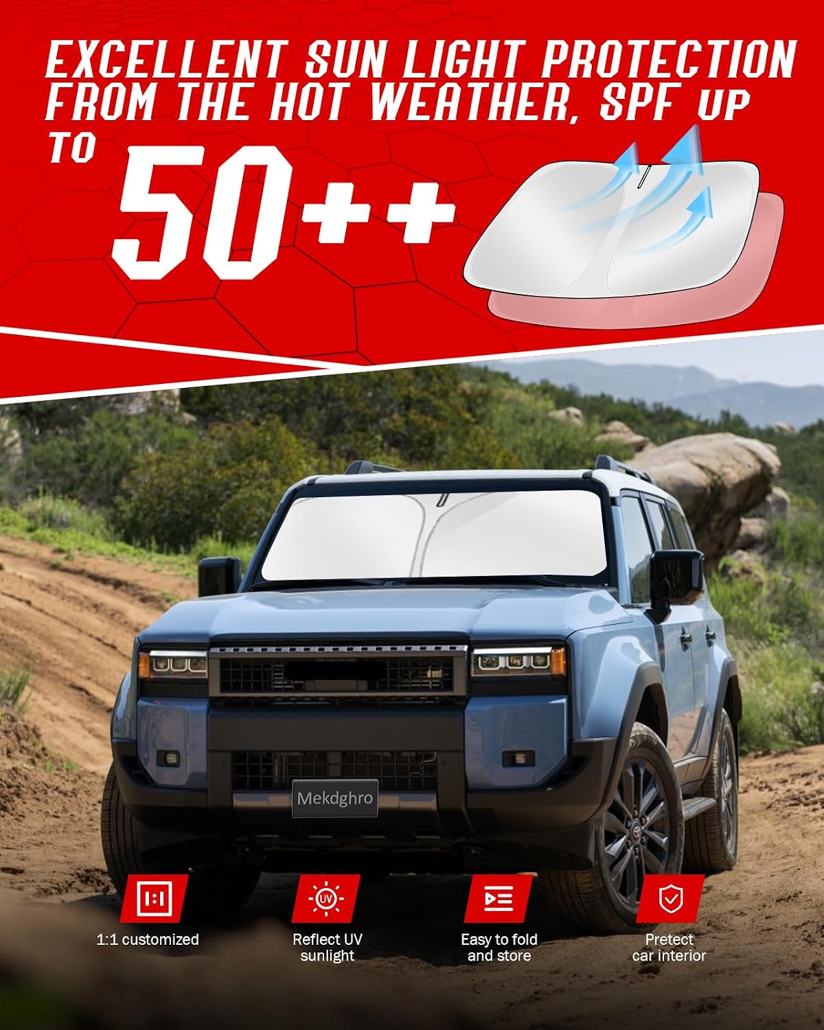Custom Fit Windshield Sun Shade for Toyo-ta Land Cruiser 2026 2024-2025, Foldable, Easy to Install & Store, Full Coverage, 210T Reflective Fabric, Blocks 99% of UV Rays