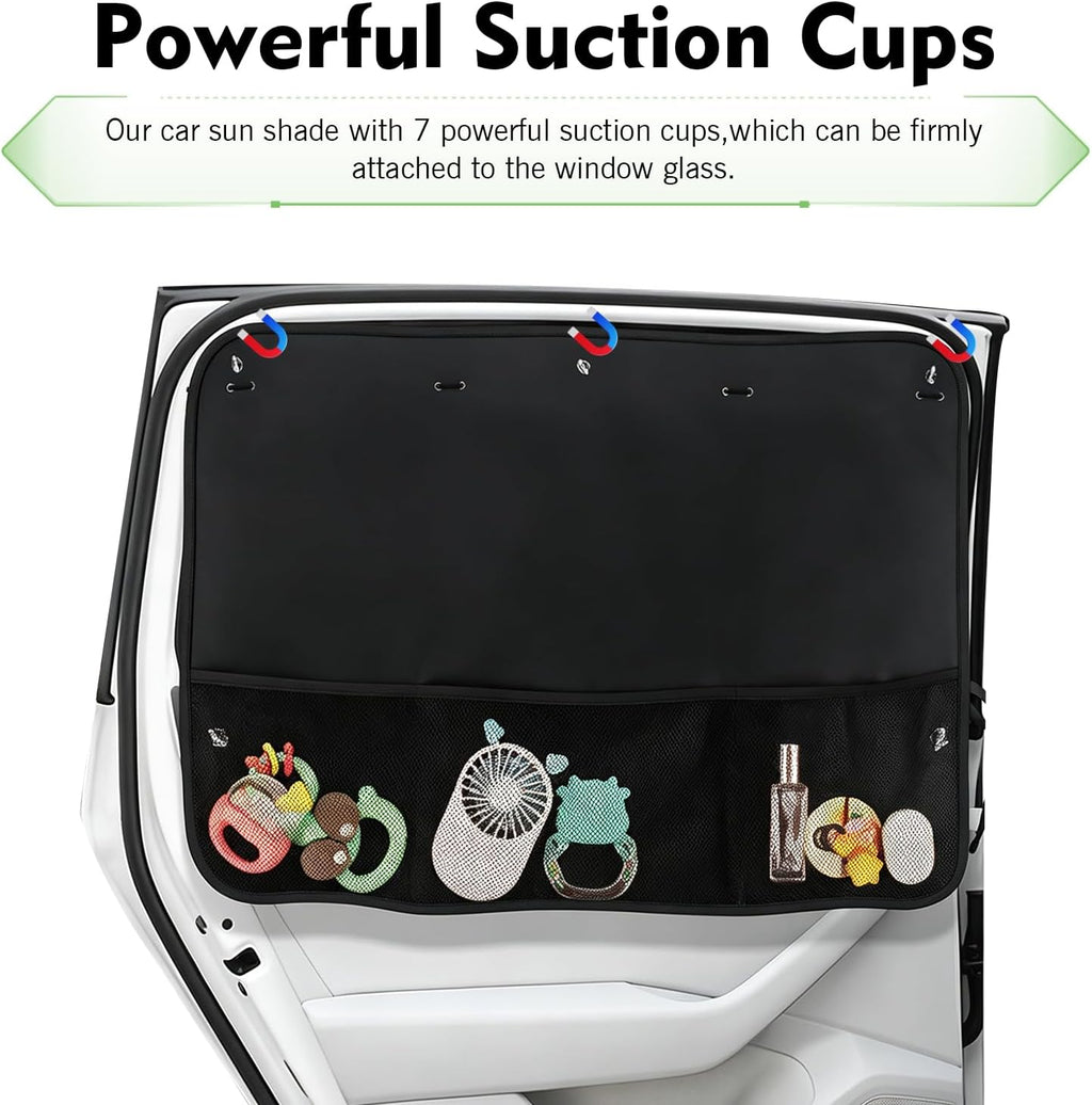 Car Sun Shade Side Window, Blackout Car Window Shades for Baby with Storage Net Pockets, Heat Insulation Privacy Sunshade with Suction Cups, Universal for Most Vehicles (Black)
