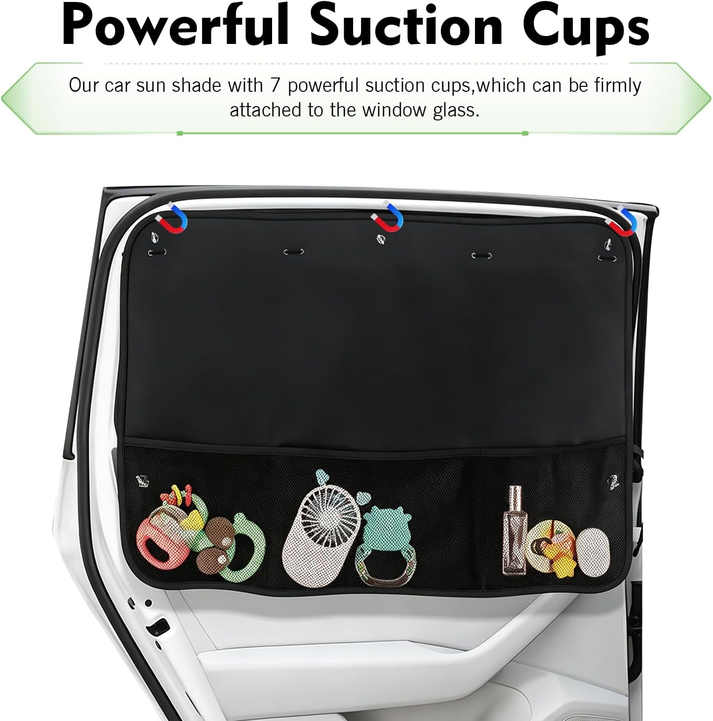 Car Sun Shade Side Window, Blackout Car Window Shades for Baby with Storage Net Pockets, Heat Insulation Privacy Sunshade with Suction Cups, Universal for Most Vehicles (Black)