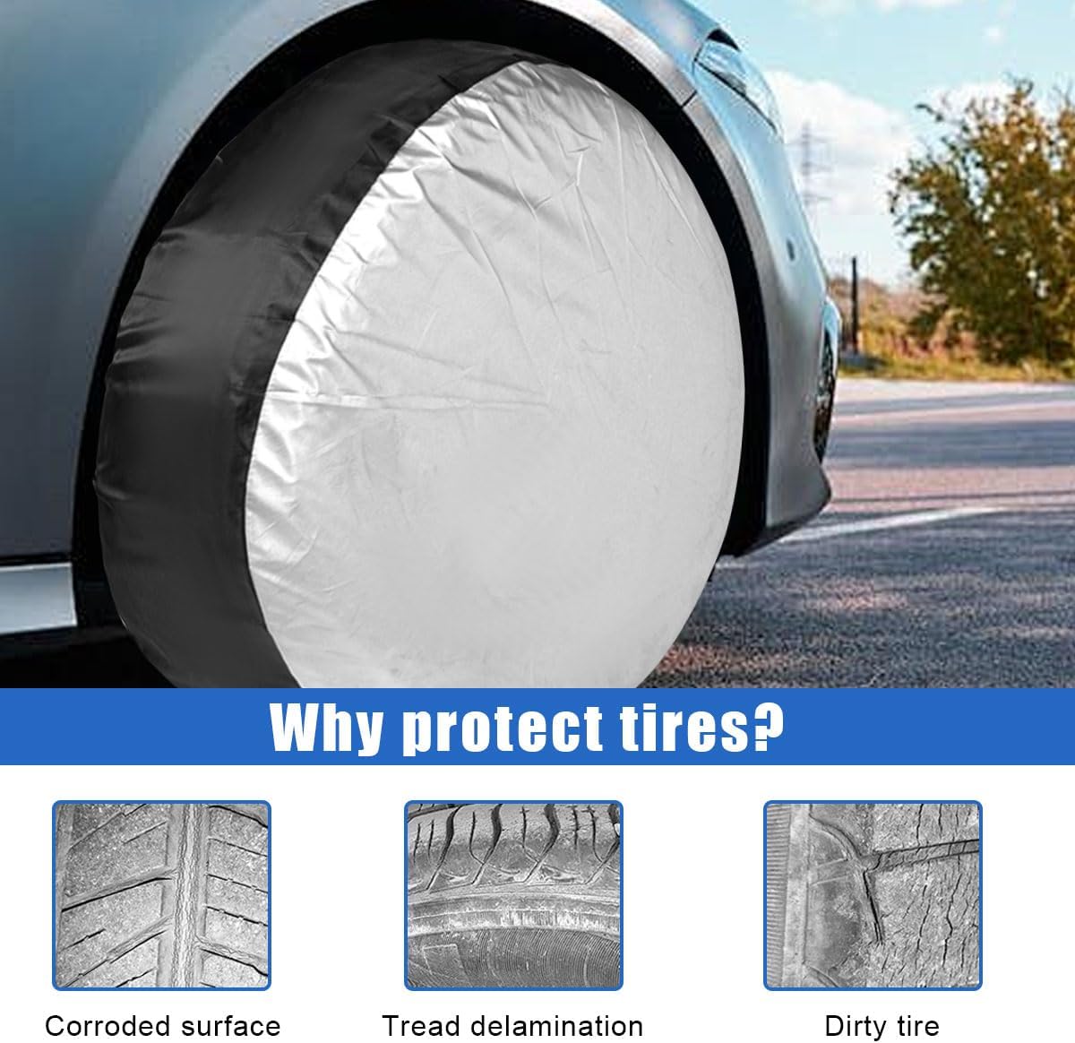 4PCS Car Tire Cover Set, Waterproof Dustproof Auto Spare Tire Storage Bag with Handle, Sun Rain Snow Vehicle Wheel Protector Cover, Fits 13-18 Inch Tires Diameter RV, SUV, Trailer(S)
