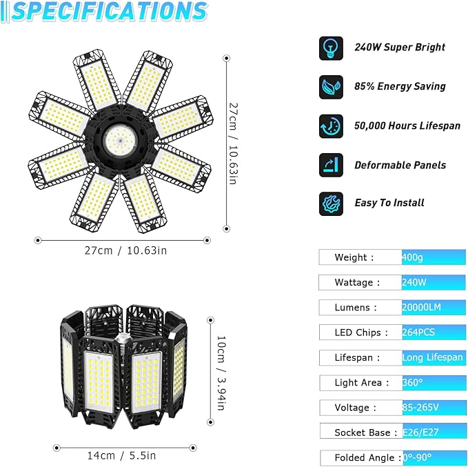 Garage Light - 240W 24000LM 6500K Garage Lights Ceiling LED - Image 4