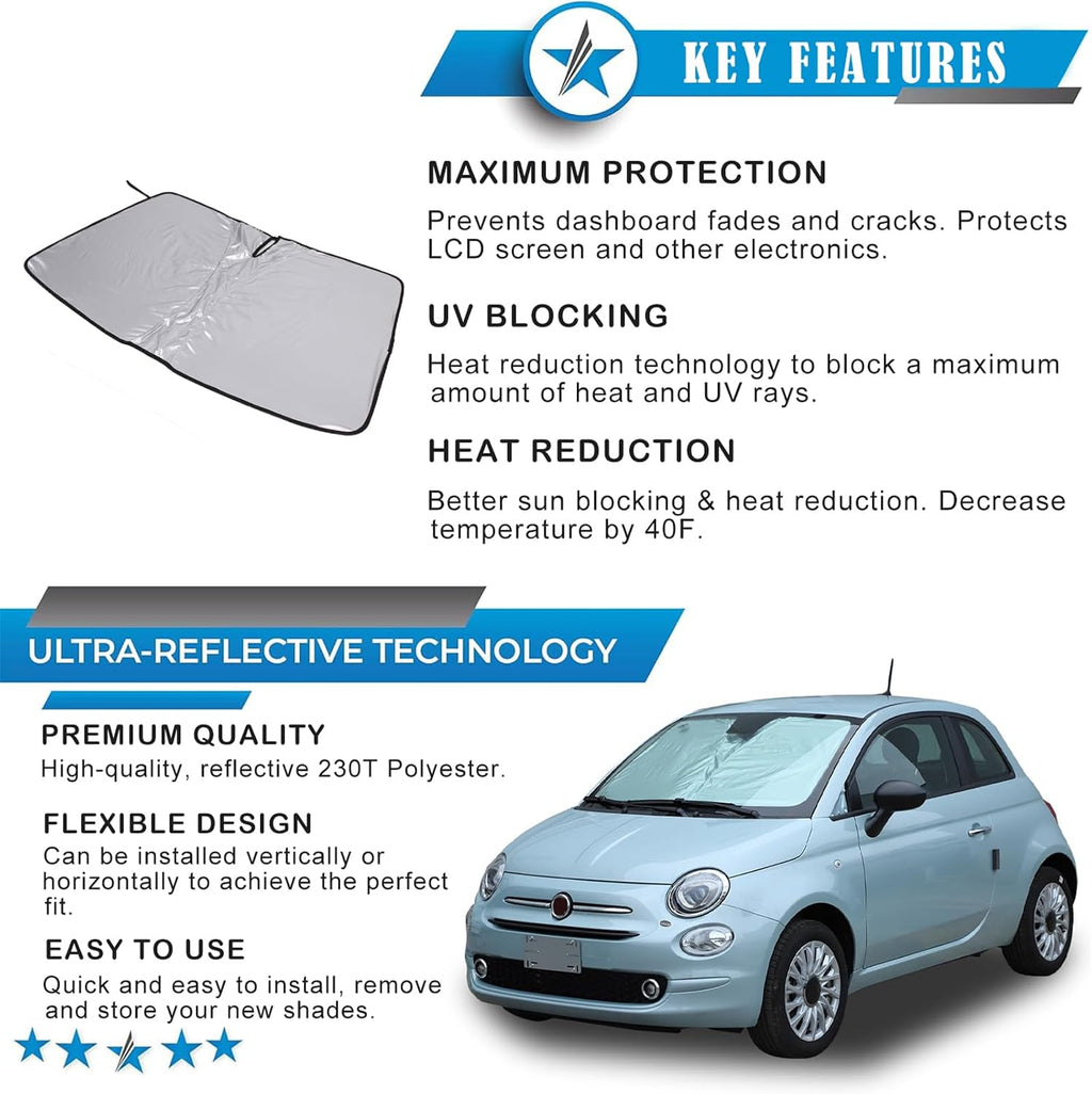 The Original Windshield Sun Shade Compatible with Fiat 500 2010-2025+ Abarth 595 2014-2024 Car Windshield Reflective Sunshade Protector Sun Shade Accessories (Silver)