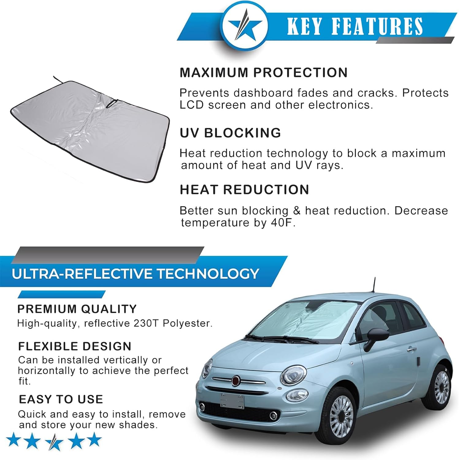 The Original Windshield Sun Shade Compatible with Fiat 500 2010-2025+ Abarth 595 2014-2024 Car Windshield Reflective Sunshade Protector Sun Shade Accessories (Silver)