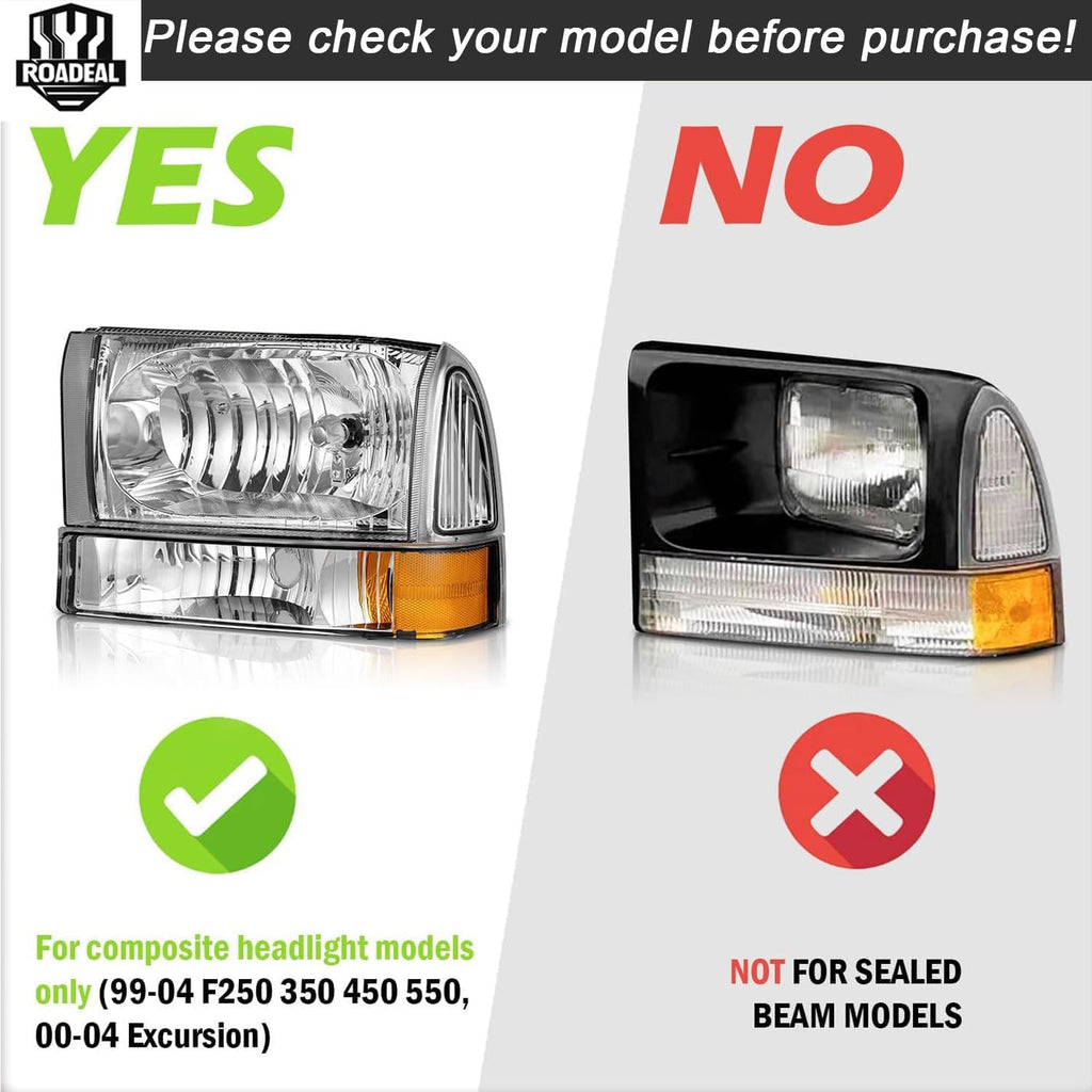 Headlight Assembly W/Bulbs for 1999-2004 Ford Super Duty F250 F350 F450 F550,00-04 Ford Excursion Headlamp Replacement with Bumper Signal Corner Light (NOT FOR SEALED BEAM MODELS) Pair Set