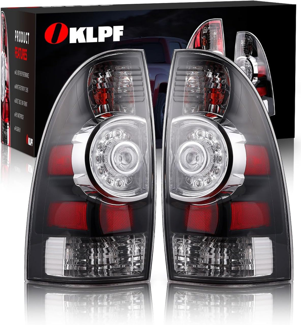 OKLPF LED Tail Light Compatible With 2005 2006 2007 2008 2009 2010 2011 2012 2013 2014 2015 Toyota Tacoma Pickup,Replace Rear Brake Smoked Taillight Assembly with Bulb and Harness,Black Housing