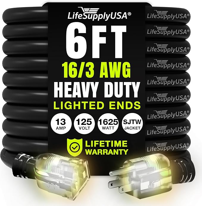 6ft Outdoor/Indoor Extension Cord 16/3 Gauge Heavy Duty 3 Prong SJTW, Waterproof by LifeSupplyUSA