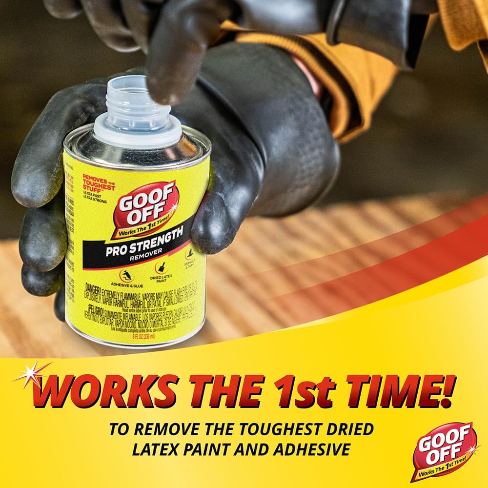 Goof Off Pro Strength Remover, Adhesive & Glue Remover for Dried Latex Paint, Caulk, Stickers, Decals, Tar, Asphalt - Works the 1st Time, 8 fl oz