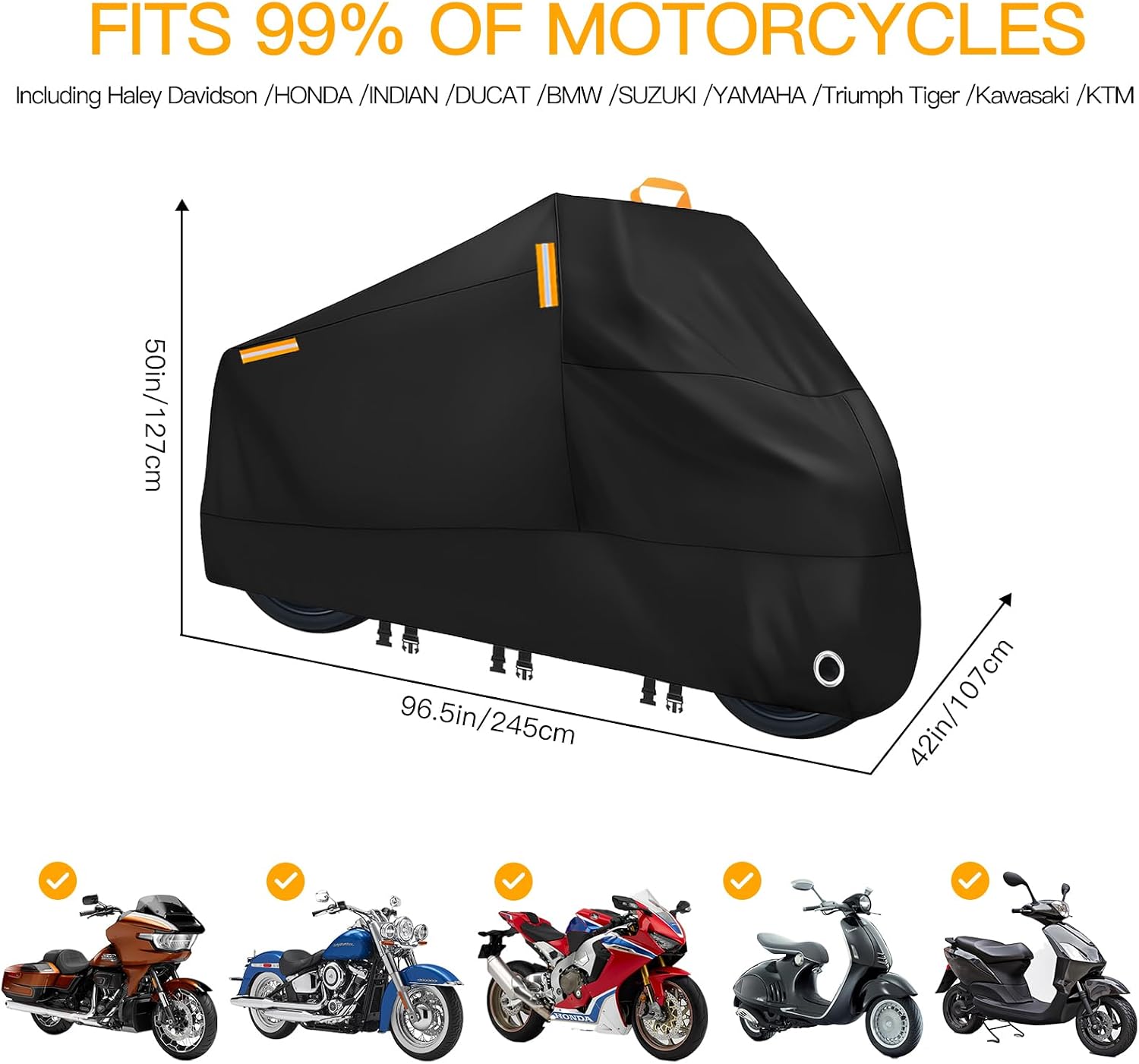 300D Heavy Duty Motorcycle Cover - All Season Waterproof Outdoor Protection with Lock-Holes, Night Reflective & Storage Bag Fits up to 96.5" Cruiser, Touring, Sportbike, Dirt Bike, Scooter