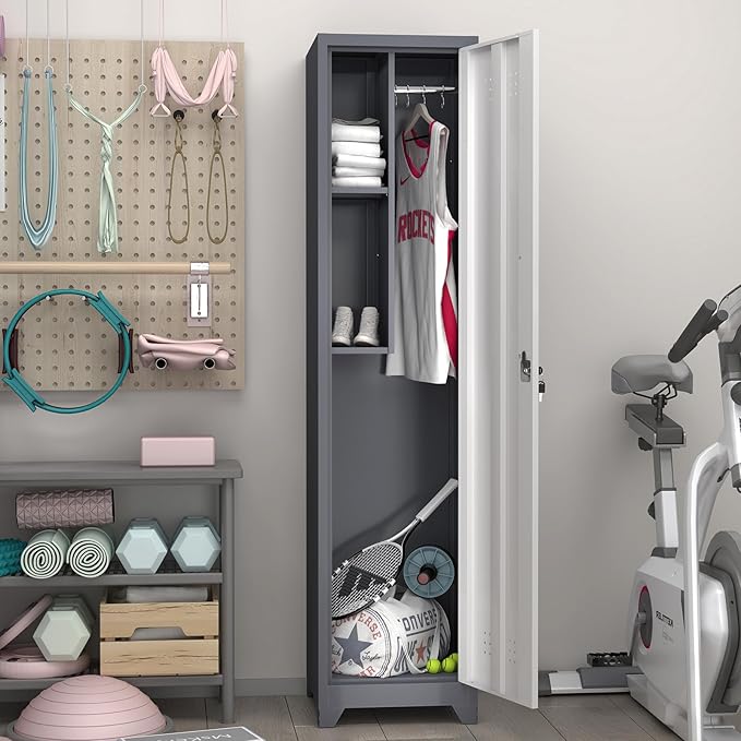 GREATMEET Slim Lockable Garage Storage Cabinet, Narrow Broom Storage Closet - Image 7
