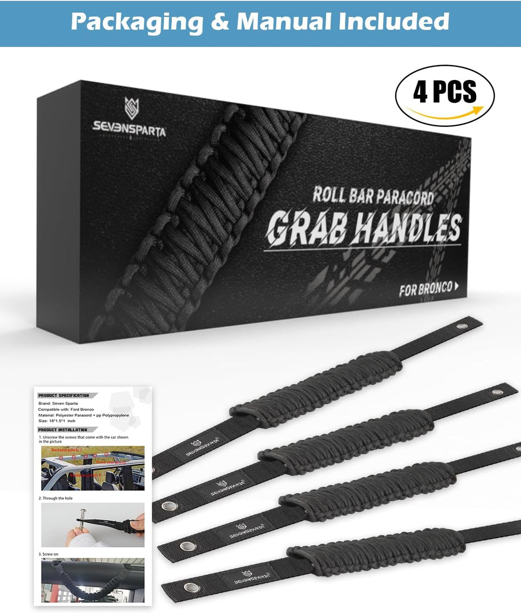 SEVEN SPARTA 4 Pack Roll Bar Grab Handles Compatible with Ford Bronco 2021-2026 2/4 Door, Paracord Grip Handle, Replacement for Bronco Interior Accessories (Not Compatible with Bronco Sport)