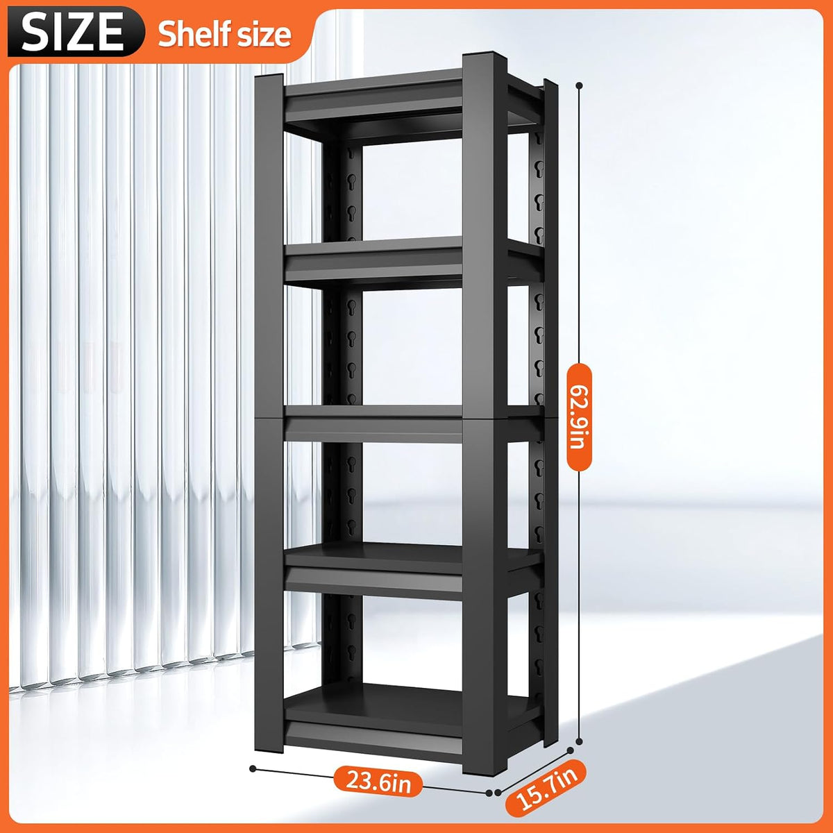 63" h garage shelving unit, garage storage shelves, close-up detail