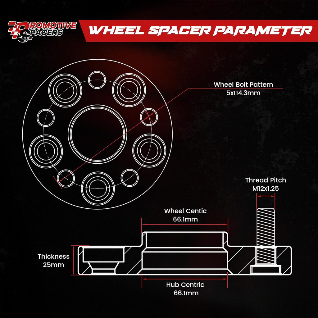 25mm (1") 5x114.3 Wheel Spacers 66.1mm M12x1.25 Studs 2PCS Black Hubcentric | 6061-T6 Forged, Class 10.9 Studs, Anodized, For Infiniti G37 M35 Q60 & Nissan 350Z 370Z 240SX 300ZX Murano Maxima Sentra