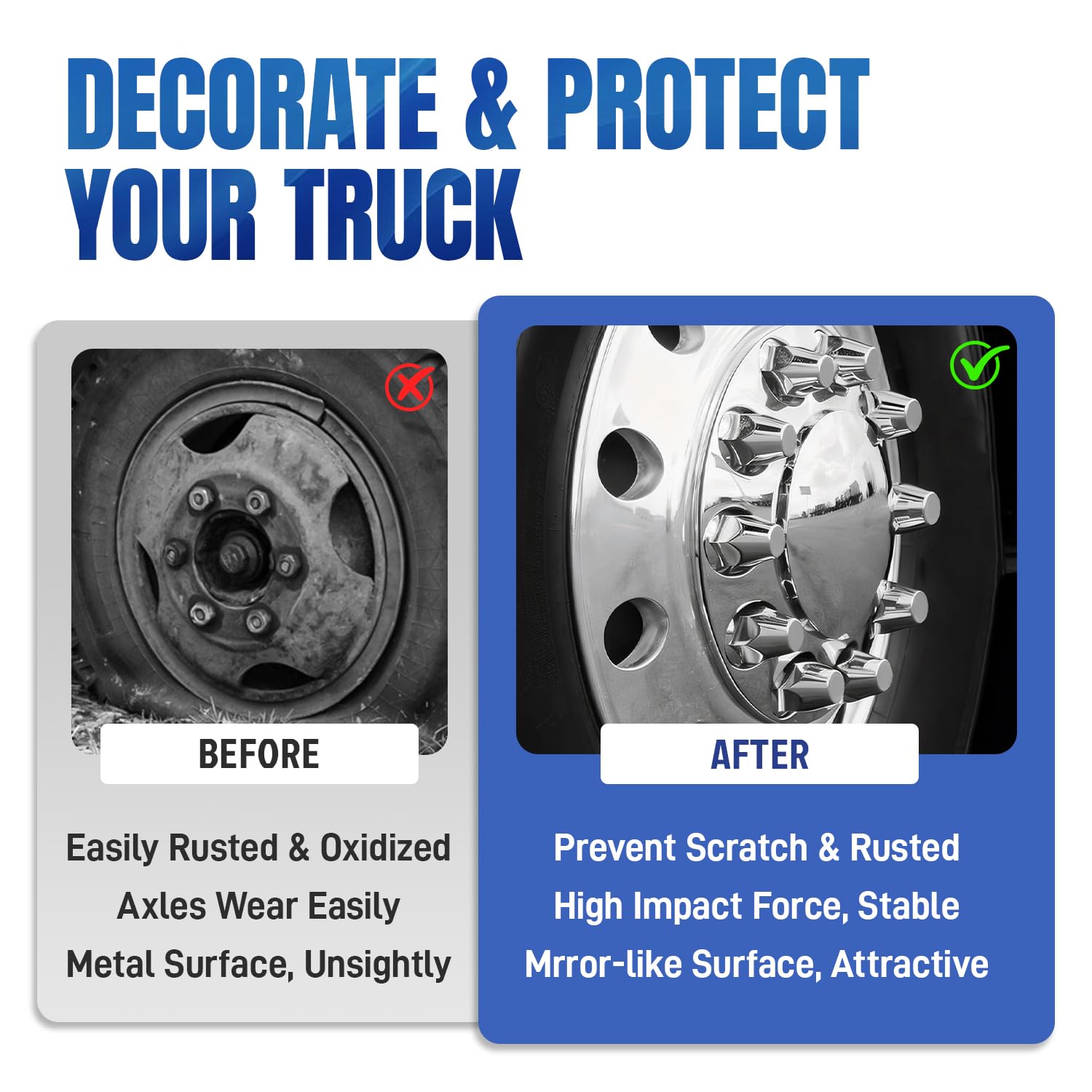 32/33mm Semi Truck Lug Nut Covers Wheel Covers Kit with 2 Front & 4 Rear, ABS Chrome Plastic Thread-On Lug Nut Covers with Installation Tool, Removable Hub Caps Kit for Semi Truck Trailer