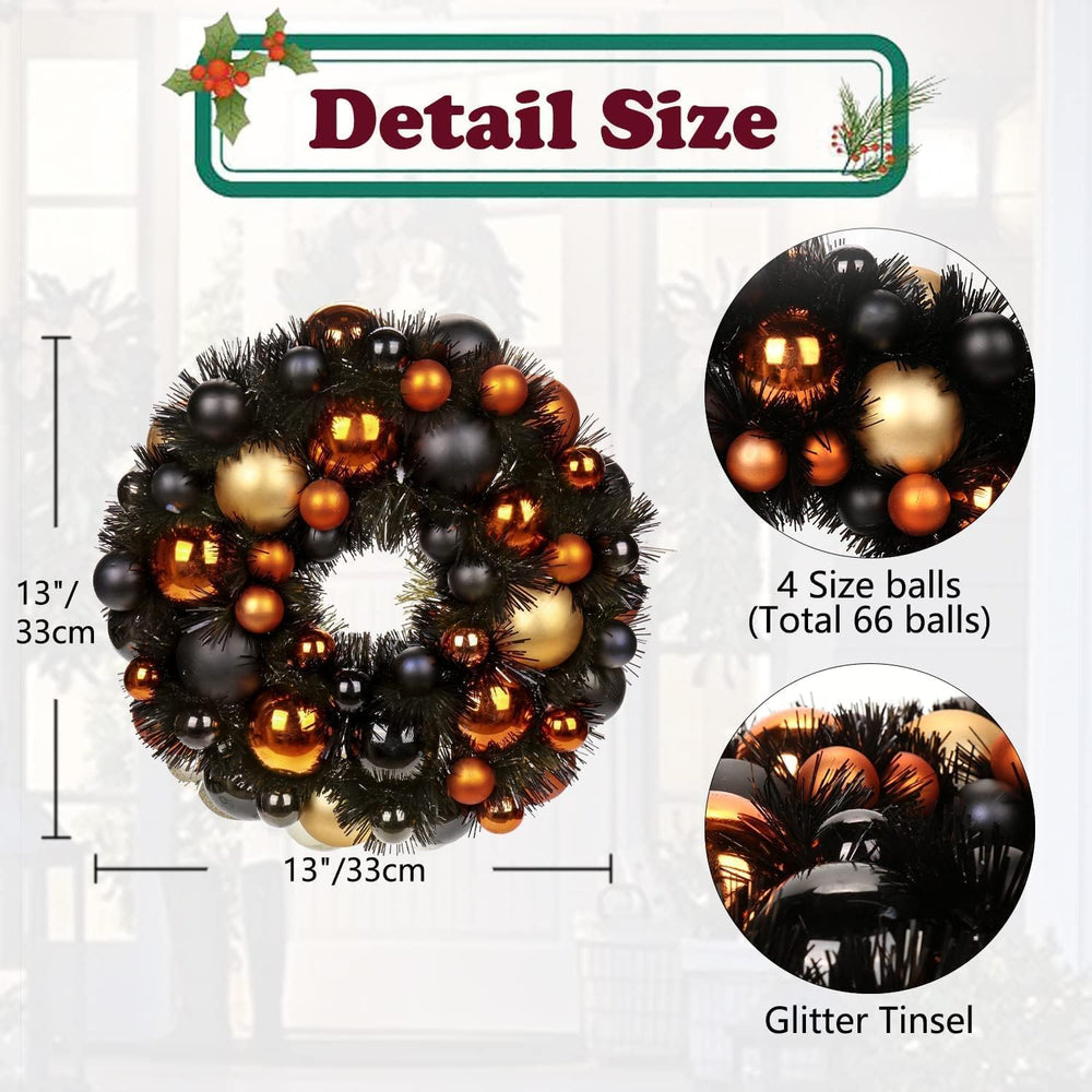 Halloween Black Ball Wreath 13" Xmas Wreaths Ornaments Glitter Thicken S...